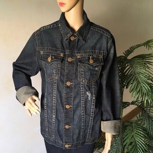 INC Denim Jacket Darkwash Distressed Snap button M